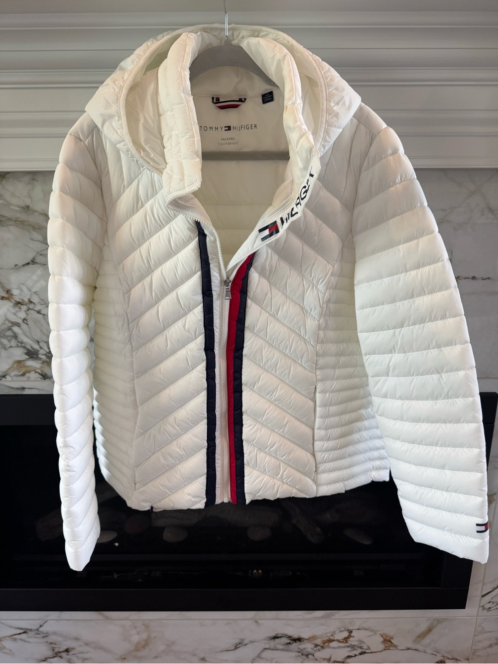 Tommy Hilfiger White Quilted Packable Puffer with Navy & Red Trim